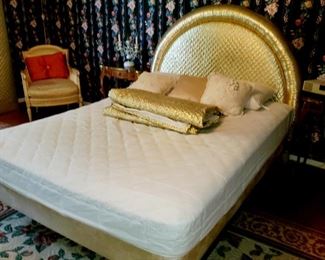 Gold lame, headboard,  skirt and comforter, queen bed
