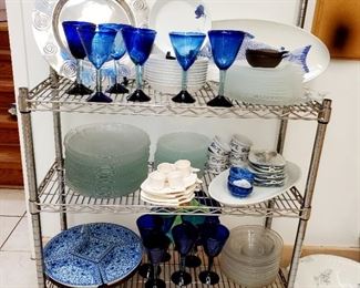 Kitchen,  blue stemware blown glass, clear plates, Asian style Lazy Susan 