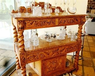 Antique,  carved, bar, shelving unit 