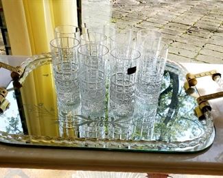 Crystal, glassware, mirrored tray