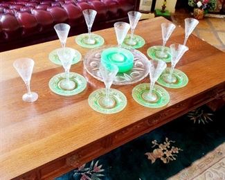 Depression glass. Green depression,  etched glassware