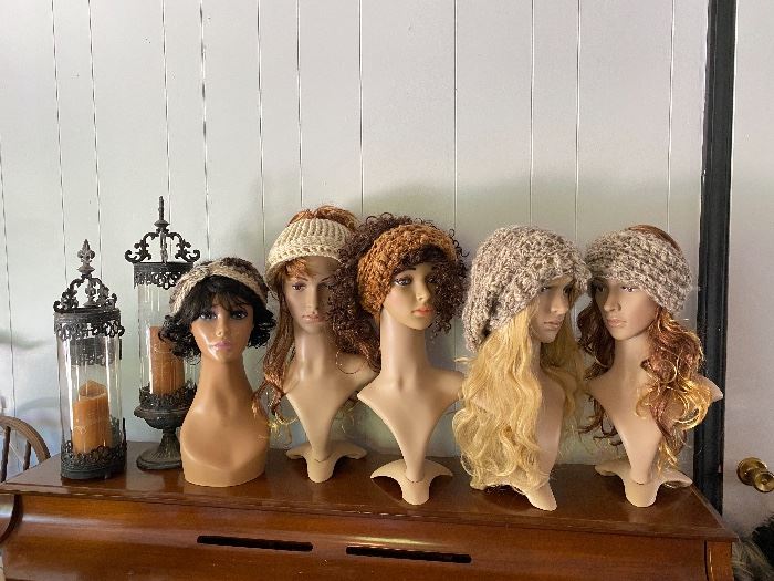 Love Love these Mannequin Heads on Bases.  beautiful Long and short Wigs and Handmade Wool Hats etc