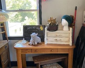 Nice Small Antique Bench, Very Cute Tabletop Desk with two drawers, Iron base Foot Stool and Sofa Table 