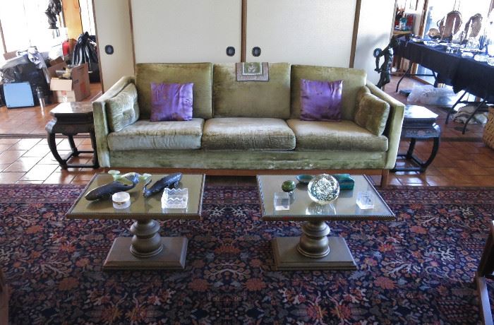 Mid-Century Sofa w/ Teak Base; Pair of Mid-Century Hollywood Regency Pedestal Coffee / Side Tables; Pair of Vintage Chinese Lacqquered Side Table; American Persian-Style Sarouk Rug