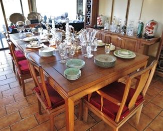 Chinese-Style Dining Table w/ 2 Leaves & 8 Chairs