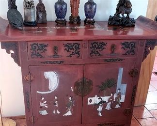 Painted & Lacquered Cabinet; Pair of Fine Gilt Cloisonne Vases on Stands; Carved Soapstone Lidded Brush Pot; Carved Soapstone Seated Wise Man; Antique Carved Russet Soapstone Wise Man; Large Carved Wise Man w/ Demon