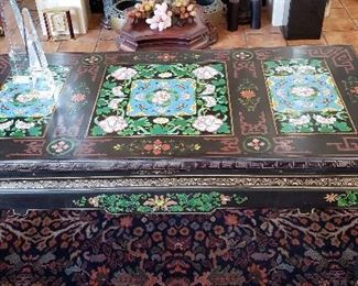 Very Fine Vintage Lacquered Coffee Table w/ Inset Cloisonne Panes