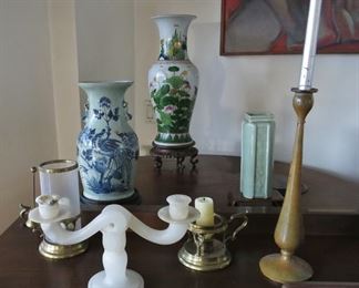 Alabaster Candelabra; assorted Asian Vases
