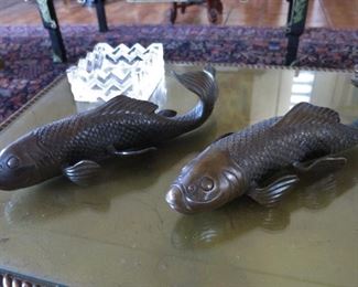 Very Fine Pair of Antique Bronze Koi with a Lalique Deco-Style Crystal Ashtray