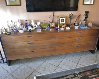Long Sleek Mid-Century Walnut & Chrome Dresser (has two matching night stands)