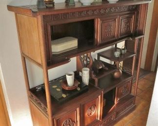 Chinese Teak Curio Cabinet w/ Sliding Panels