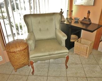 Queen Anne Wingback Armchair; Ebony Side Table w/ Four Drop Leaves