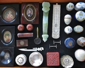 4 Antque Miniature Paintings; Celadon Jade Buckle; Carved Cinnabar Box; Vintage Bone Cribbage Set; Selection of small Pill Boxes