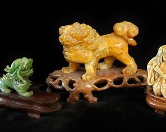 Carved Nephrite Jade Dragon; Carved Agate Foo Dog; Bone "Two-Face" Netsuke
