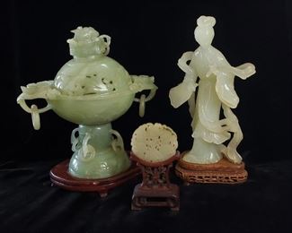 Vintage Celadon Jade Footed Pierced Sensor is SOLD, Carved Maiden & Pierce-Carved Medallion