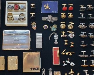 Sterling Dunhill Lighter w/ Case; 2 Gold Plated French Dupont Lighters;  Gold Plated 1960's Lighter;  Sterling Silver Deco Cigarette Case;  Sterling Money Clip; Assorted Cuff Links