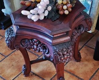 Chinese Carved Cherry wood Side Table w/ Rose Quartz, Agate, & Soapstone Grape Clusters