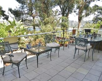 1950's Cast Aluminum Oval Glass-Top Patio Dining Table w/ 2 Side Chairs & 2 Armchairs; Glass-Top Side Table
