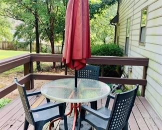 Round Beveled Glass Top Patio Table 3 Chairs and Umbrella