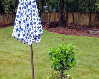Patio Umbrella with stand. Large Cobalt Planter with Hibiscus and creeping Jenny. Four available.