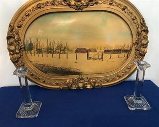 Love this Farm Scene framed in early 1930's gilded frame.  Clear Depression Glass Candlesticks