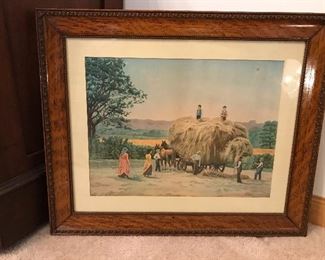 "Haying Scene" in antique picture frame. Hung in maternal grandfather's house in Heron Lake Minnesota.  Everything is original except the mat.  Do not remove picture from backing as it is glued!