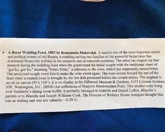 Here is a Description of A Boyar Wedding Feast 1883 by Konstantin Makavski.Old Russia.  The original is an oil on canvas.  It is on display at the Hillwood Museum and Gardens, Washington DC.
