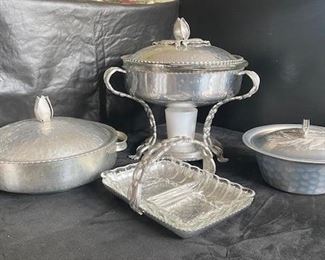 Aluminum serving pieces  - some with glass inserts