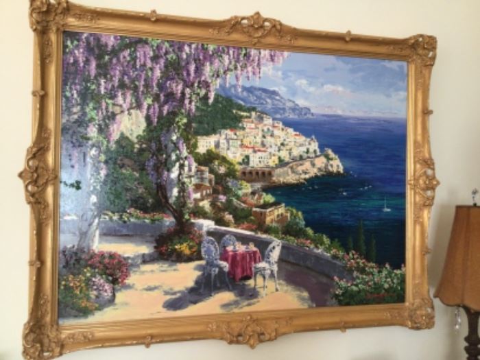 S Sampark DLX 13/325 “AMALFI PATIO” embellished serigraph on canvas  Italy 46”x 36” gorgeous handcarved frame with certificate of authenticity $2500 