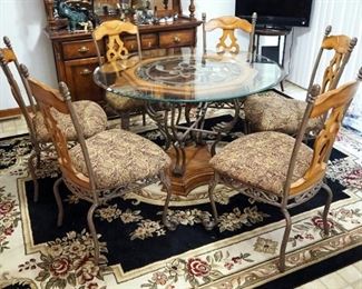 Ashley Furniture Santa Barbra Rusted Oak Dining Set, No D524, Includes Round Beveled Glass Top Table With Scrolled Metal Legs, 30" x 48" And 6 Matchin