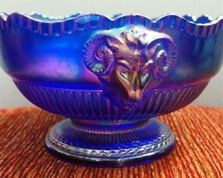 Imperial Cobalt Blue Carnival Glass Ram's Head Bowl, 5"x 9"