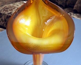 Art Glass Tulip Vases, Qty 2, 13" Tall, One Signed By Artist