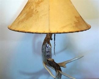 Rusty Moose Lodge Decor Antler Lamp, With 20" Natural Raw Hide Shade, 24" Tall