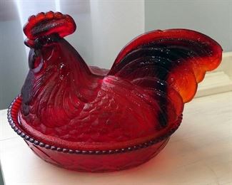 Heirloom Ruby Red Carnival Glass 14" Platter, Westmorland Glass Hen On Nest, Fairy Lamp, Fenton Rose Compote, Ruby Red Cut To Clear Glass Rose Bowl
