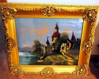 Reverse Oil Painting On Glass By Pruitt Titled Ruins On The Rhine In Gesso Wood Frame, 24" x 27"