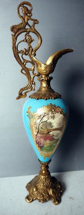 Antique French Hand Painted Matching Vases, 22" Tall, And 13" Brass Candlesticks