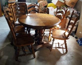 Vintage Solid Wood Double Pedestal Dining Table, 31" x 48" Diameter, Includes 2 12" Leaves, With Ladder Back Chairs, Qty 6