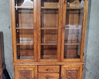 Lighted 2 Piece China Cabinet With Beveled Glass Paneled Doors, And Carved Cabinet And Drawer Fronts, 82" x 51" x 16"