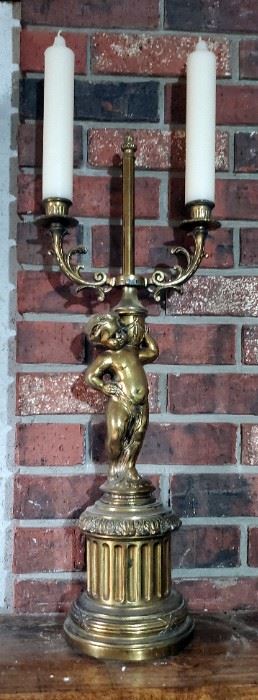 Antique Cast Figural Candelabra With Brass Finish 24" Tall