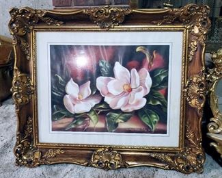 Gesso Wood Frames With Matted Floral Prints Under Glass Qty 2, 21"x25" And 17.5"x21" And Vintage Wall Mirror