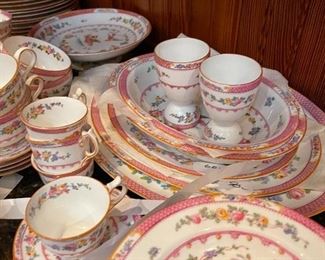 George Jones Crescent Ware Paradise Pink. Many almost impossible to find pieces. Demitasse service including the Demi pot, egg cups, soup bullion cups and more 