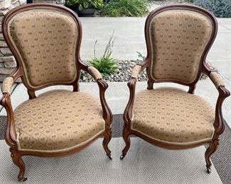 (2) Antique Walnut Upholstered Arm Chairs On Casters 