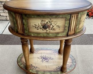 Painted Wood Oval Side Table With Single Drawer And Bottom Shelf 