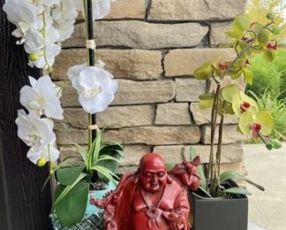 Asian Inspired Home Decor  Lot Including Resin Buddha Figurine & (2) Faux Orchids 