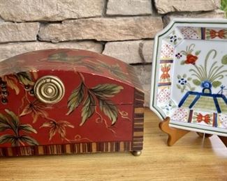 Wood Tole Painted Box With Vintage Plate Marked 8600 