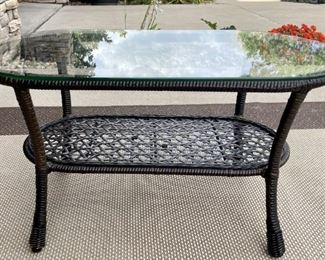 Outdoor Glass Top Rattan Table With Bottom Shelf 