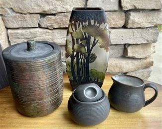 Ceramic & Glass Lot Including Sango Cream & Sugar With Pottery Tea Caddy, And Cameo Glass Vase 
