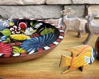 Wood Decor Lot Including Hand Painted Mexico Bowl, Woodland Deer, Fish, & Russian Vase 