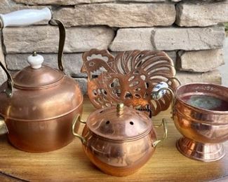 Vintage Copper Lot Including Rooster Trivet, Teapot With Porcelain Handle, Planter, And Potpourri 