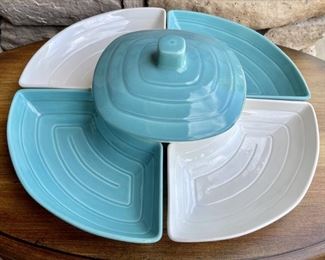 California USA Pottery Mid Century Modern Teal & White Lazy Susan With Lid  